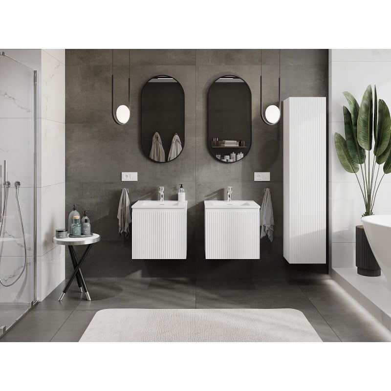 Mexen Rivel Badezimmerschrank 50 cm mit Waschbecken Otis, 1 Schublade, geriffelt, weiß matt - 91A20-05047-1-BF01-W18M01
