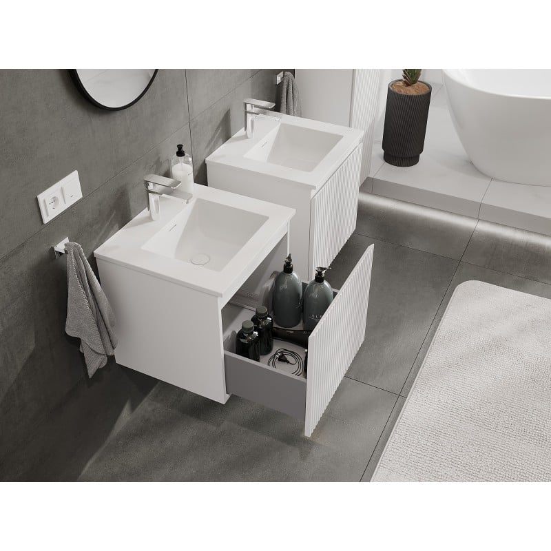 Mexen Rivel Badezimmerschrank 50 cm mit Waschbecken Otis, 1 Schublade, geriffelt, weiß matt - 91A20-05047-1-BF01-W18M01
