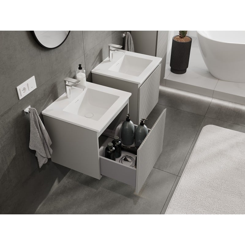 Mexen Rivel Badezimmerschrank 50 cm mit Waschbecken Otis, 1 Schublade, gerillt, grau matt/weiß matt - 91A20-05047-1-BF62-W18M01