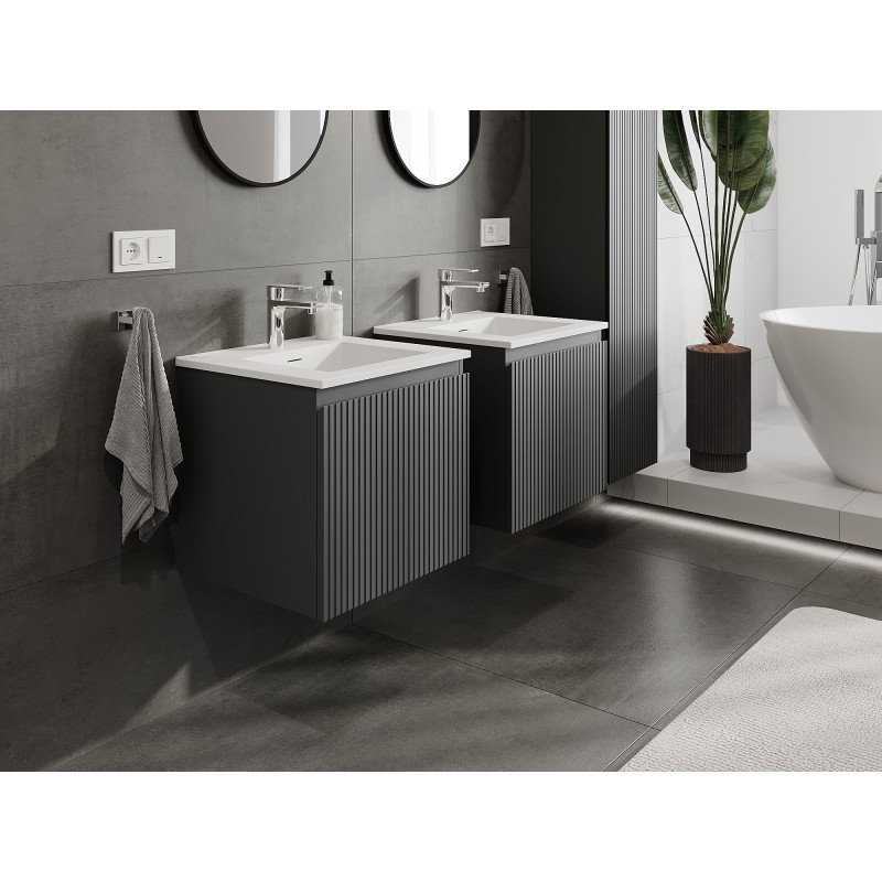 Mexen Rivel Badezimmerschrank 50 cm mit Waschbecken Otis, 1 Schublade, gerillt, Graphit matt/Weiß matt