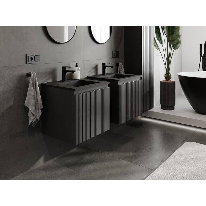 Mexen Rivel Badezimmerschrank 50 cm mit Waschbecken Otis, 1 Schublade, geriffelt, schwarz matt - 91A20-05047-1-BF71-W18M71