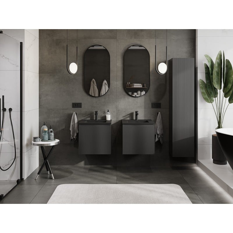 Mexen Rivel Badezimmerschrank 50 cm mit Waschbecken Otis, 1 Schublade, geriffelt, schwarz matt - 91A20-05047-1-BF71-W18M71