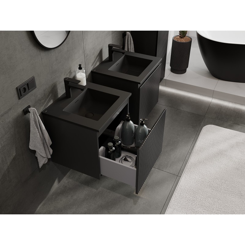 Mexen Rivel Badezimmerschrank 50 cm mit Waschbecken Otis, 1 Schublade, geriffelt, schwarz matt - 91A20-05047-1-BF71-W18M71