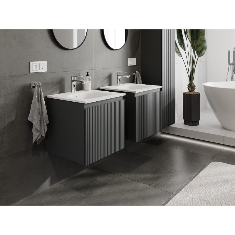 Mexen Rivel Badezimmerschrank 50 cm mit Waschbecken Vela, 1 Schublade, geriffelt, Graphit matt/Weiß matt