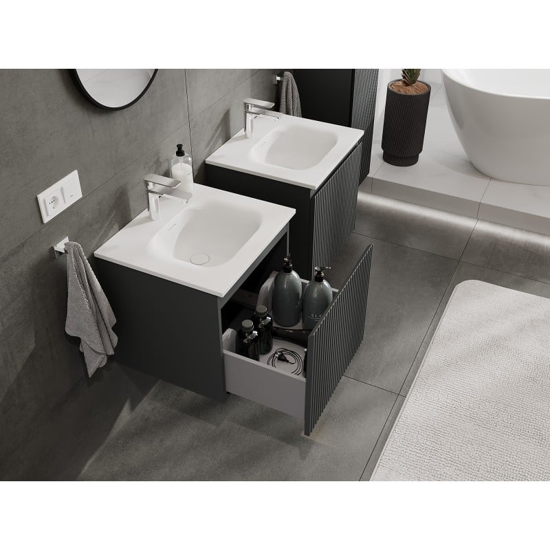 Mexen Rivel Badezimmerschrank 50 cm mit Waschbecken Vela, 1 Schublade, geriffelt, Graphit matt/Weiß matt