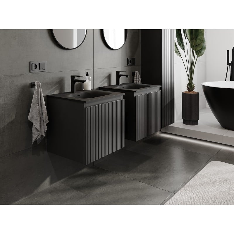 Mexen Rivel 50 cm Badezimmerschrank mit Vela Waschtisch, 1 Schublade, geriffelt, Schwarz Matt - 91A20-05047-1-BF71-W23M71