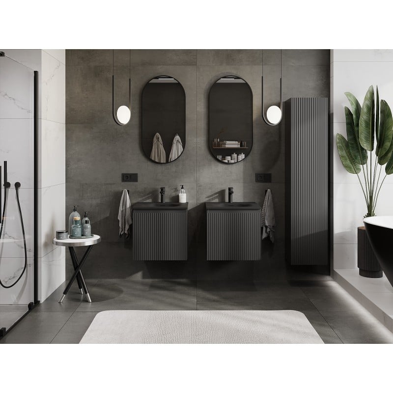Mexen Rivel 50 cm Badezimmerschrank mit Vela Waschtisch, 1 Schublade, geriffelt, Schwarz Matt - 91A20-05047-1-BF71-W23M71