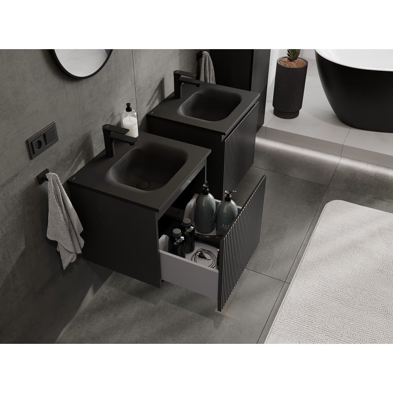 Mexen Rivel 50 cm Badezimmerschrank mit Vela Waschtisch, 1 Schublade, geriffelt, Schwarz Matt - 91A20-05047-1-BF71-W23M71