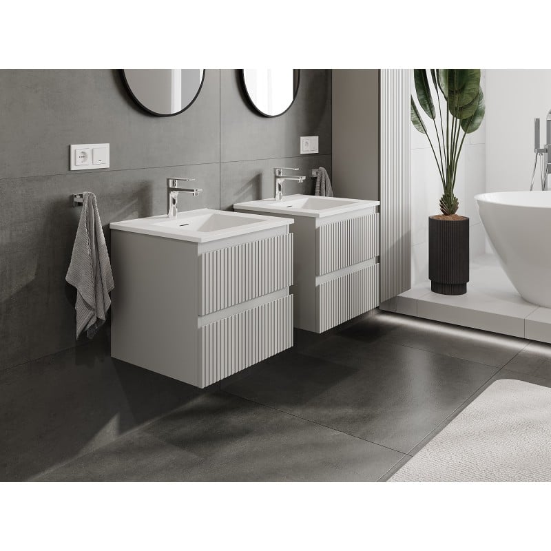 Mexen Rivel Badezimmerschrank 50 cm mit Waschbecken Otis, 2 Schubladen, geriffelt, grau matt/weiß matt