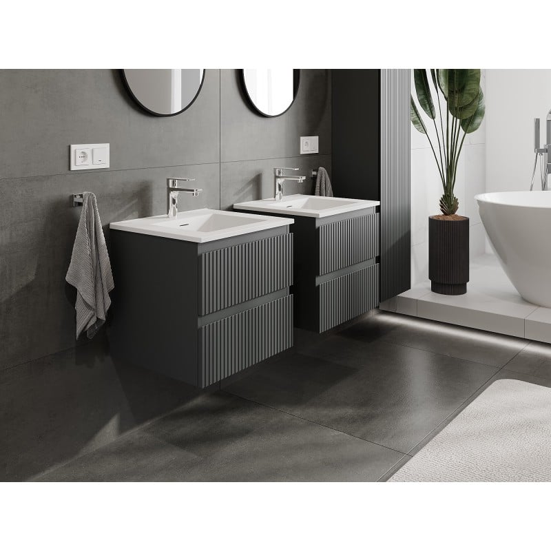 Mexen Rivel Badezimmerschrank 50 cm mit Waschbecken Otis, 2 Schubladen, geriffelt, Graphit matt/Weiß matt