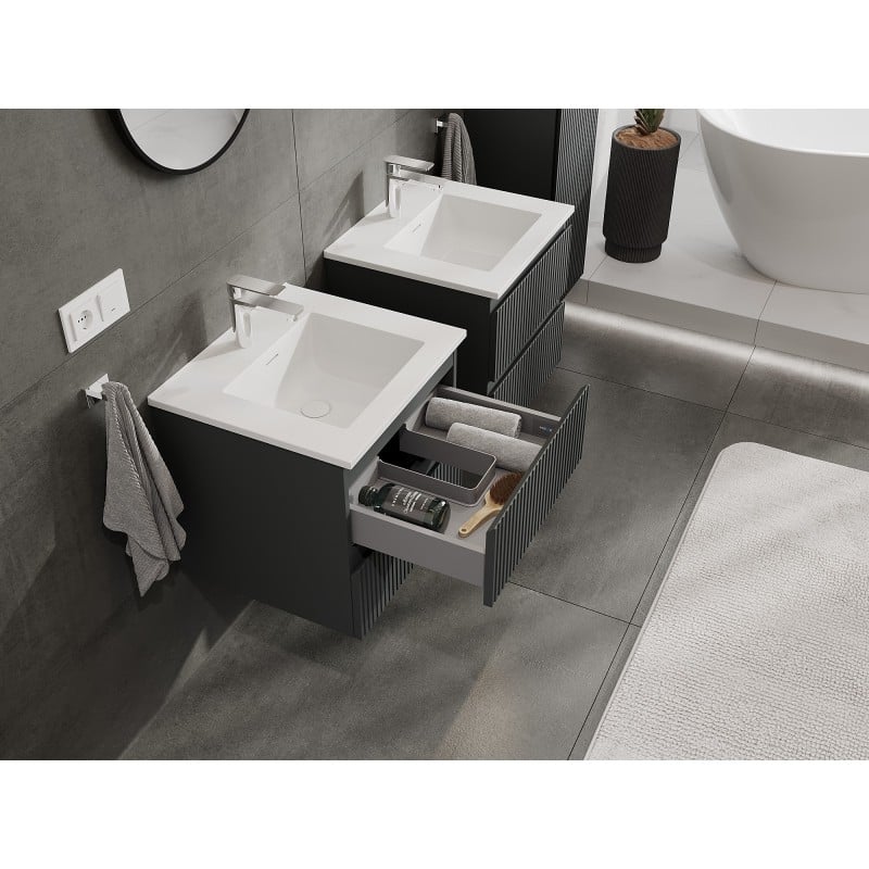 Mexen Rivel Badezimmerschrank 50 cm mit Waschbecken Otis, 2 Schubladen, geriffelt, Graphit matt/Weiß matt