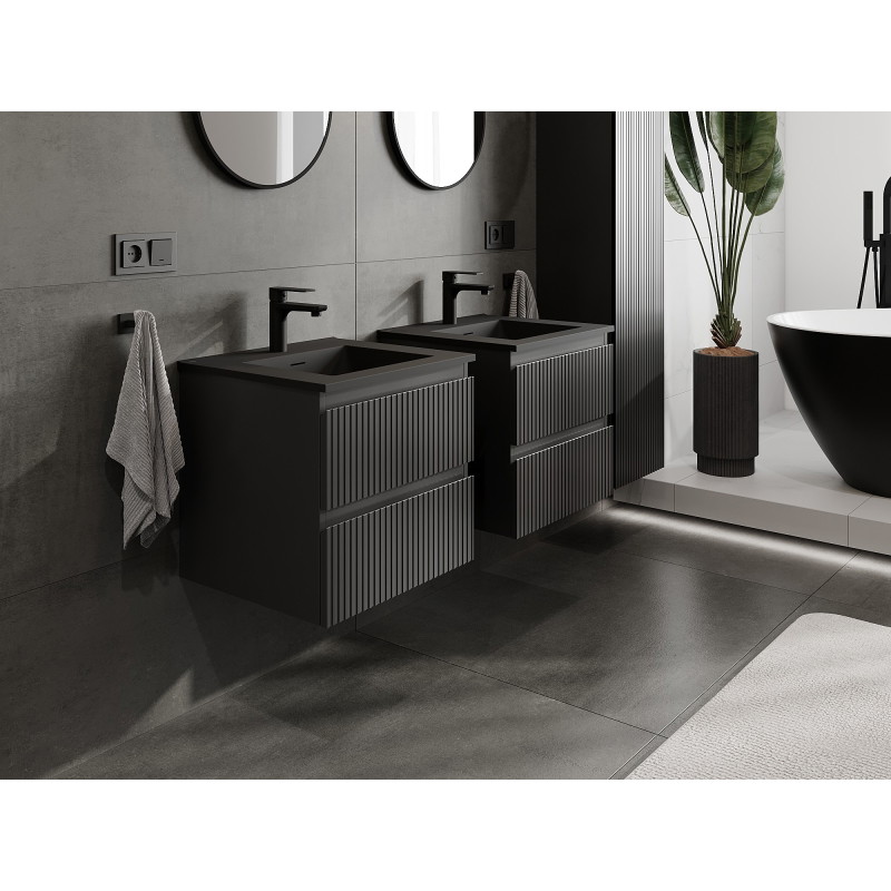 Mexen Rivel Badezimmerschrank 50 cm mit Waschbecken Otis, 2 Schubladen, geriffelt, Schwarz Matt - 91A20-05047-2-BFF71-W18M71