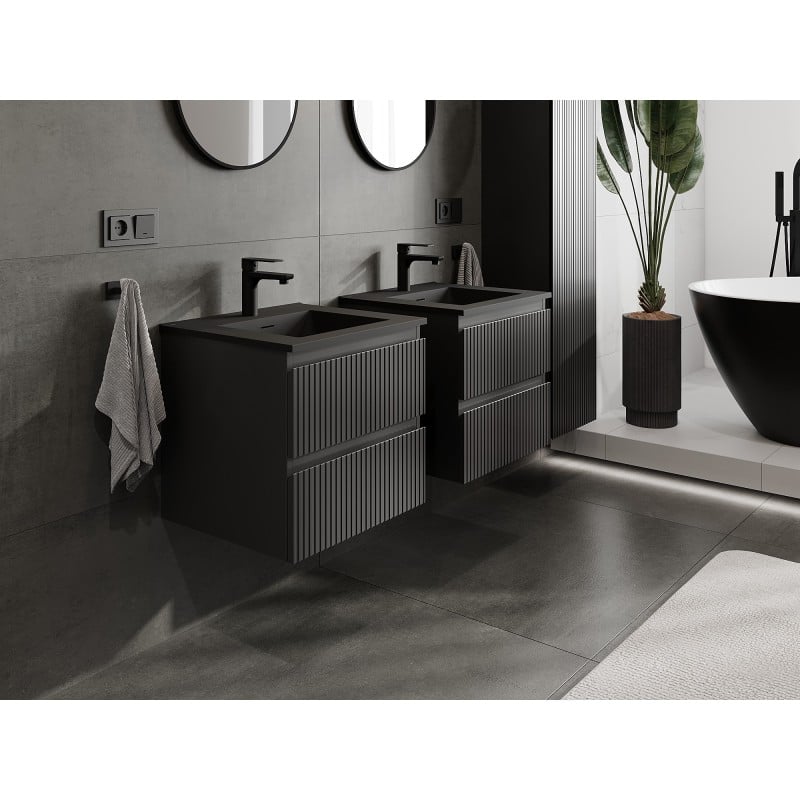 Mexen Rivel Badezimmerschrank 50 cm mit Waschbecken Otis, 2 Schubladen, gerippt, schwarz matt - 91A20-05047-2-BFF71-W18M71