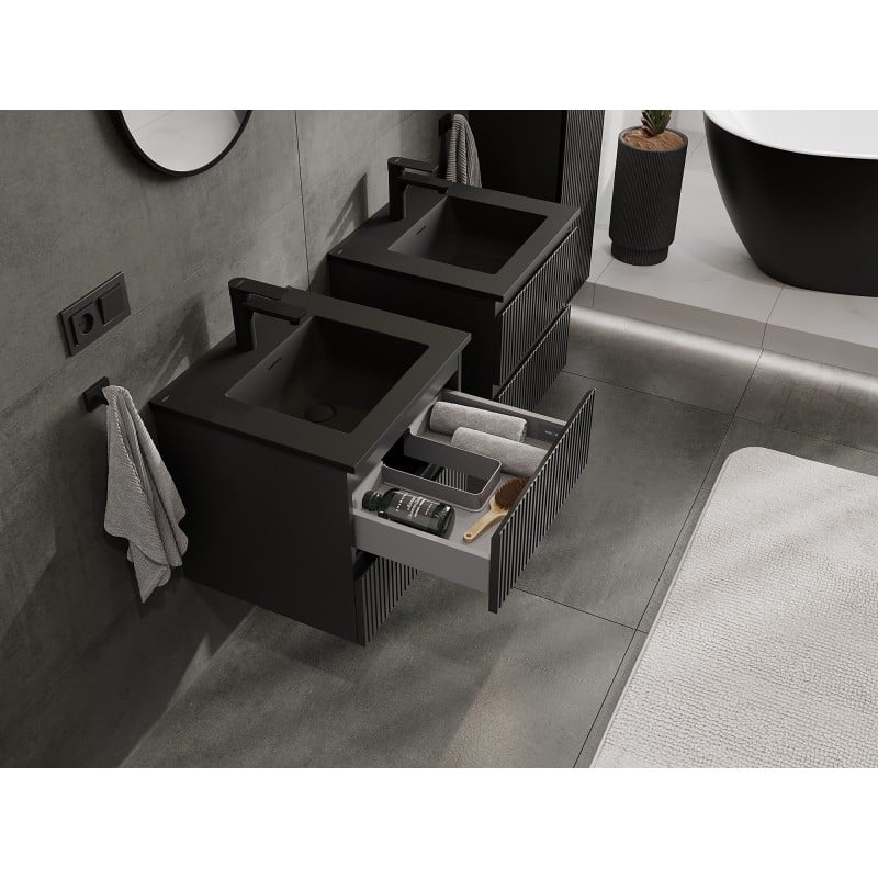 Mexen Rivel Badezimmerschrank 50 cm mit Waschbecken Otis, 2 Schubladen, gerippt, schwarz matt - 91A20-05047-2-BFF71-W18M71
