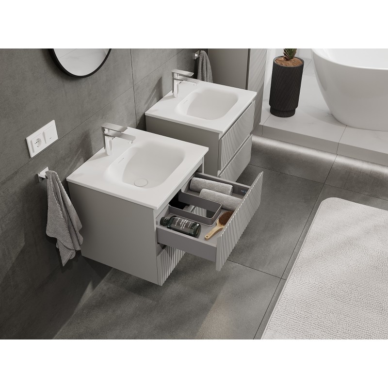 Mexen Rivel Badezimmerschrank 50 cm mit Waschbecken Vela, 2 Schubladen, geriffelt, grau matt/weiß matt