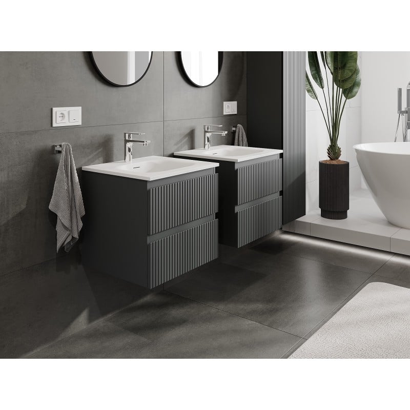 Mexen Rivel Badezimmerschrank 50 cm mit Waschbecken Vela, 2 Schubladen, geriffelt, Graphit matt/weiß matt