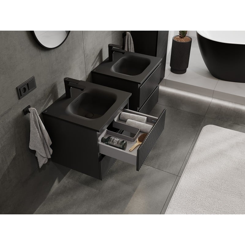 Mexen Rivel Badezimmerschrank 50 cm mit Waschbecken Vela, 2 Schubladen, gerillt, schwarz matt - 91A20-05047-2-BFF71-W23M71