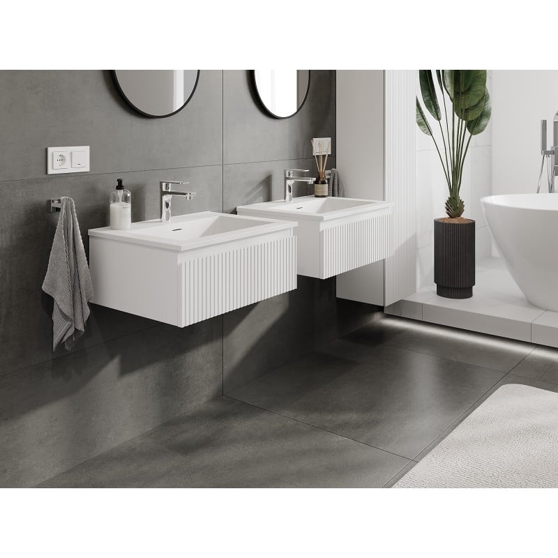 Mexen Rivel Badezimmerschrank 60 cm mit Waschbecken Otis, 1 Schublade, gerillt, mattweiß - 91A20-06023-1-BF01-W18M01