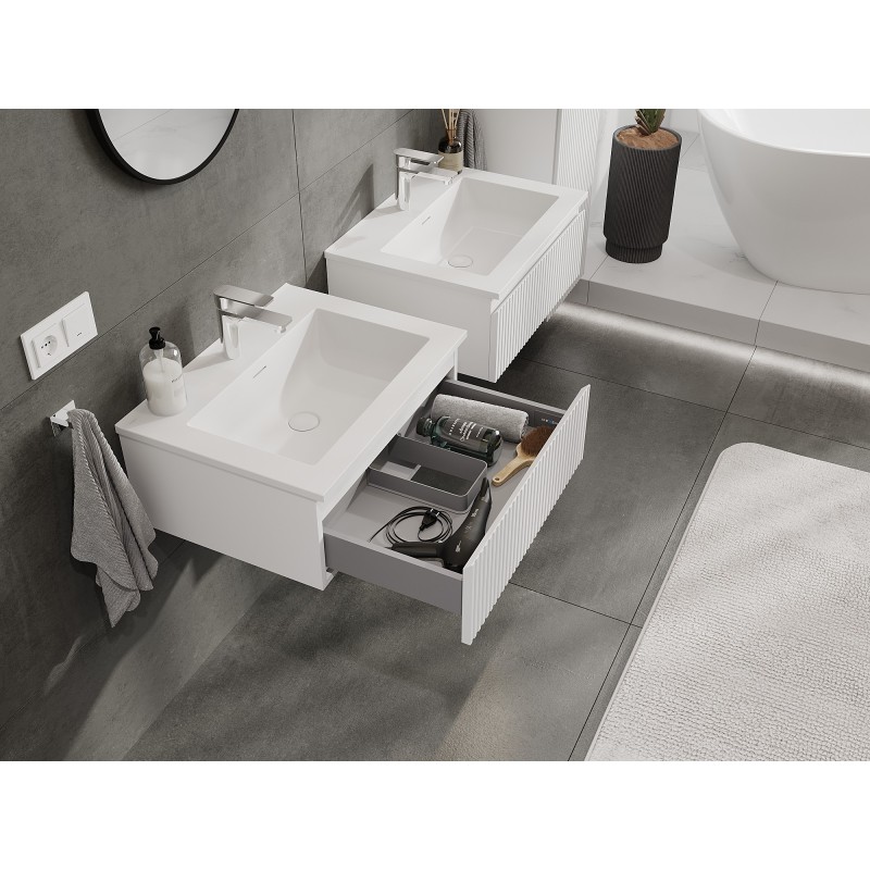 Mexen Rivel Badezimmerschrank 60 cm mit Waschbecken Otis, 1 Schublade, gerillt, mattweiß - 91A20-06023-1-BF01-W18M01