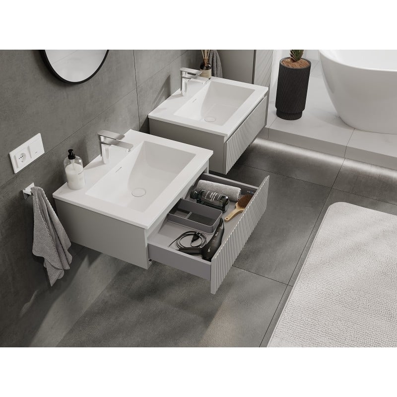 Mexen Rivel Badezimmerschrank 60 cm mit Waschbecken Otis, 1 Schublade, geriffelt, grau matt/weiß matt