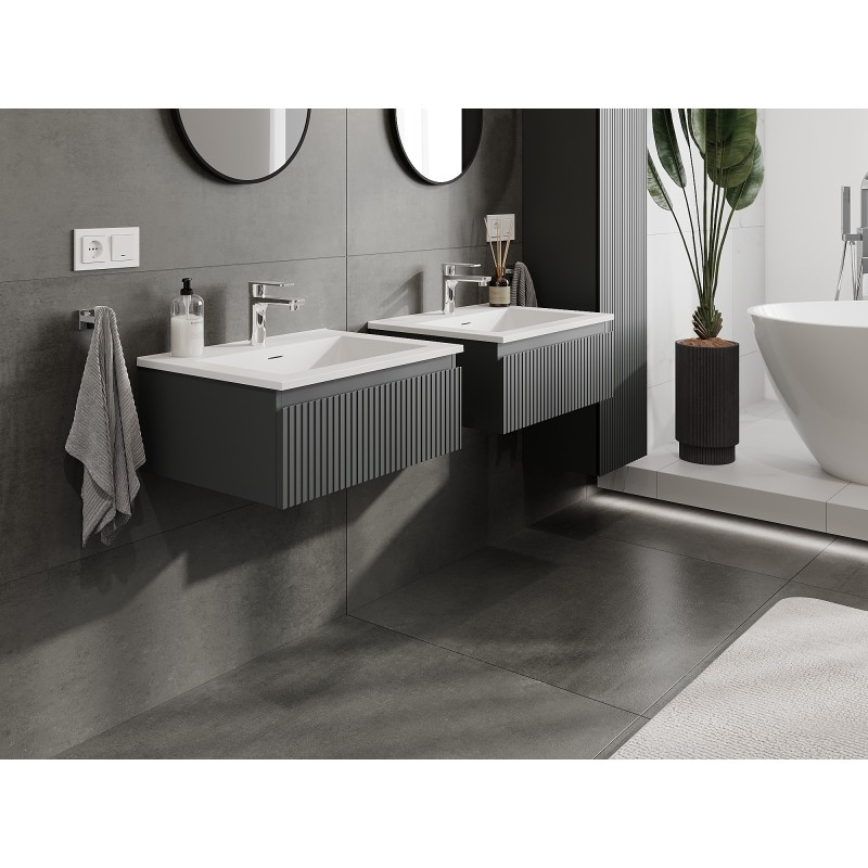 Mexen Rivel Badezimmerschrank 60 cm mit Waschbecken Otis, 1 Schublade, geriffelt, Graphit matt/Weiß matt