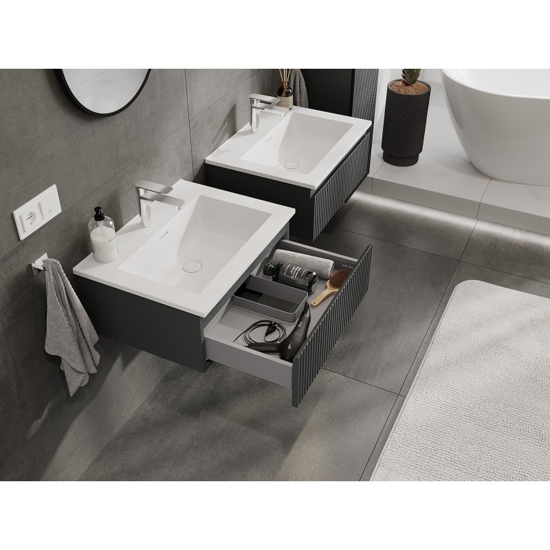 Mexen Rivel Badezimmerschrank 60 cm mit Waschbecken Otis, 1 Schublade, geriffelt, Graphit matt/Weiß matt