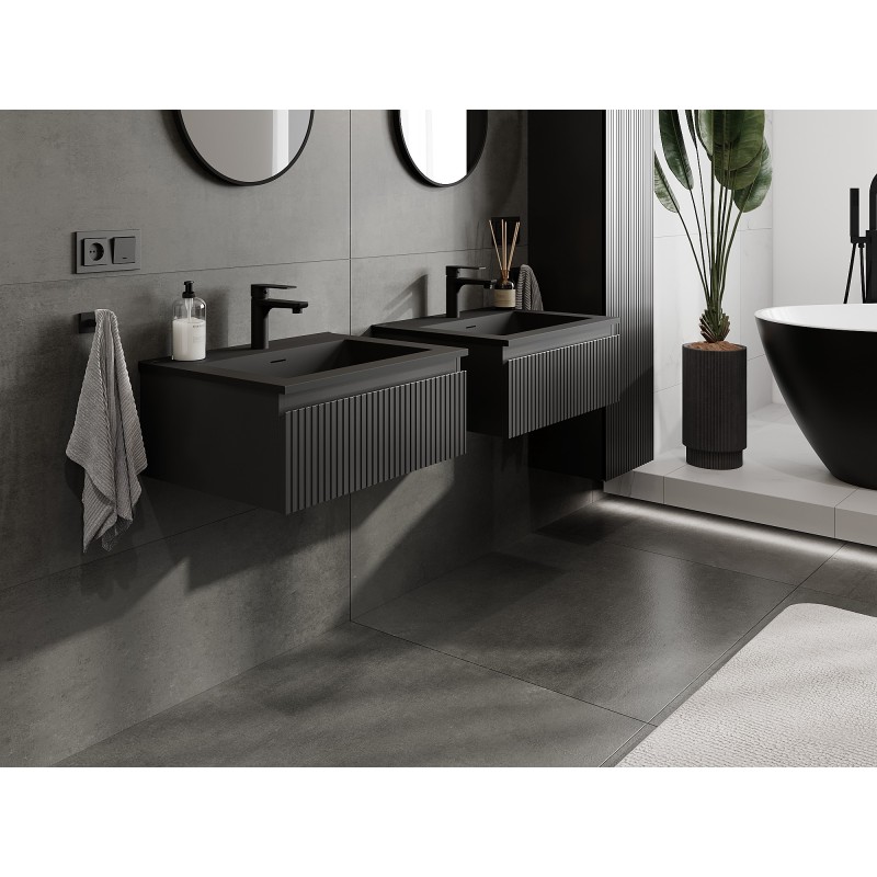 Mexen Rivel Badezimmer-Unterschrank 60 cm mit Waschbecken Otis, 1 Schublade, gerillt, schwarz matt - 91A20-06023-1-BF71-W18M71