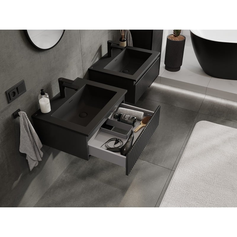 Mexen Rivel Badezimmer-Unterschrank 60 cm mit Waschbecken Otis, 1 Schublade, gerillt, schwarz matt - 91A20-06023-1-BF71-W18M71