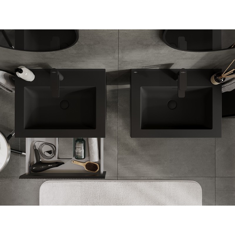 Mexen Rivel Badezimmer-Unterschrank 60 cm mit Waschbecken Otis, 1 Schublade, gerillt, schwarz matt - 91A20-06023-1-BF71-W18M71