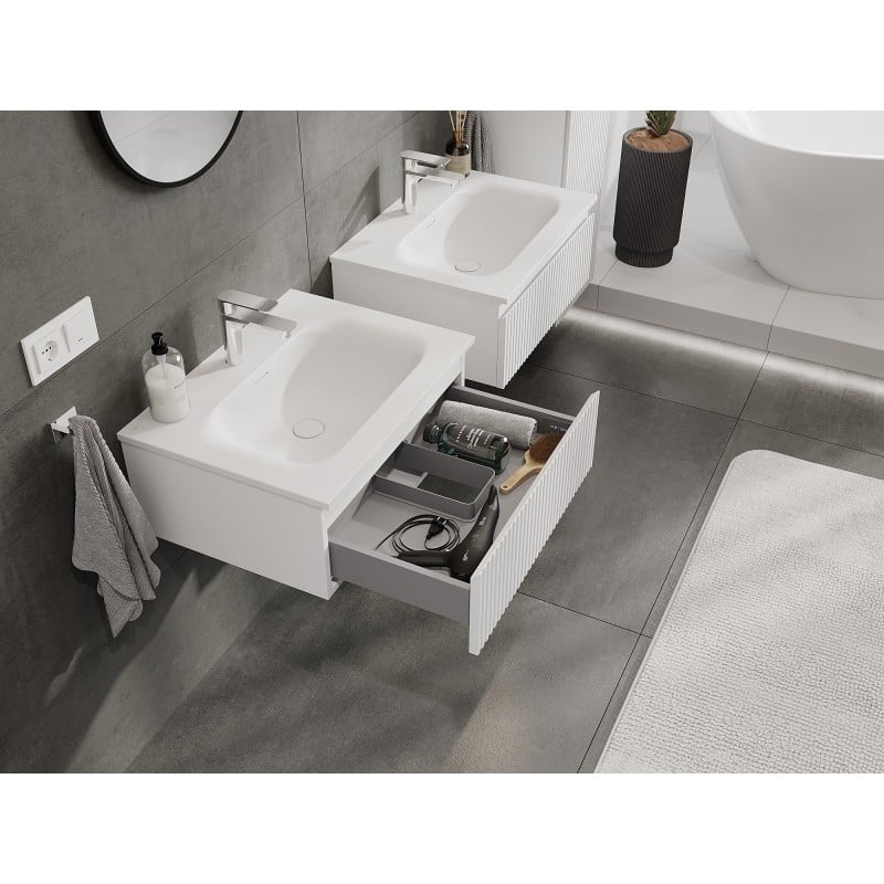 Mexen Rivel Badezimmerunterschrank 60 cm mit Waschbecken Vela, 1 Schublade, geriffelt, weiß matt - 91A20-06023-1-BF01-W23M01