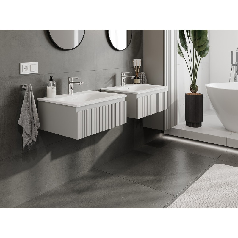 Mexen Rivel Badezimmerschrank 60 cm mit Waschbecken Vela, 1 Schublade, geriffelt, grau matt/weiß matt