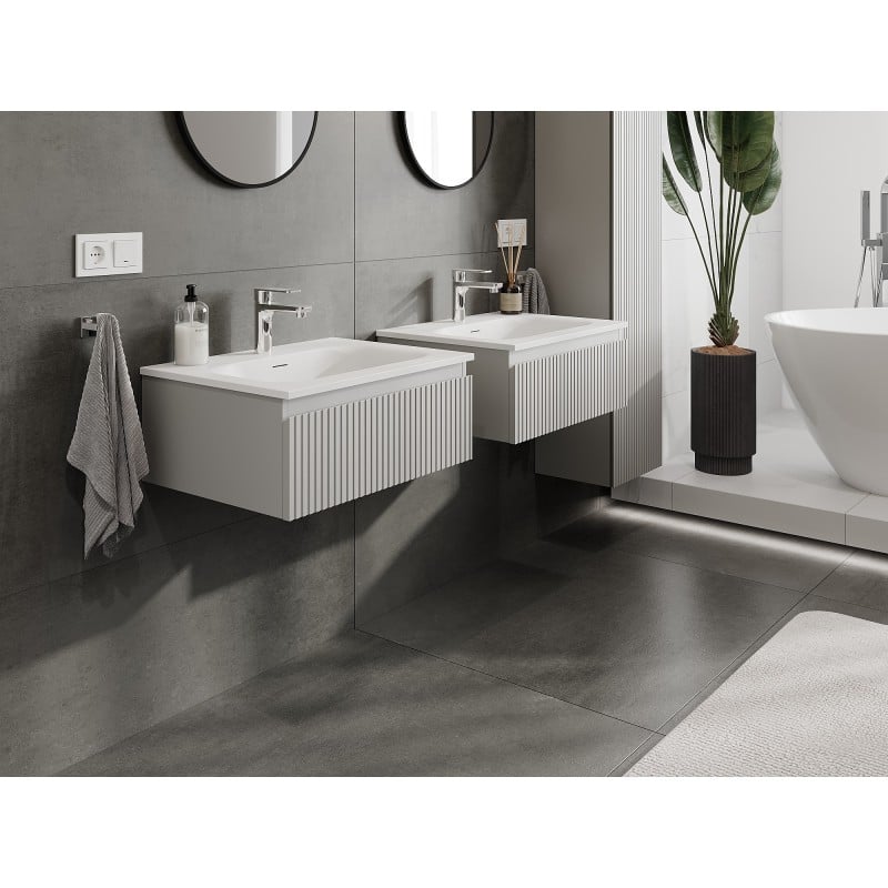 Mexen Rivel Badezimmerschrank 60 cm mit Waschbecken Vela, 1 Schublade, gerillt, grau matt/weiß matt - 91A20-06023-1-BF62-W23M01