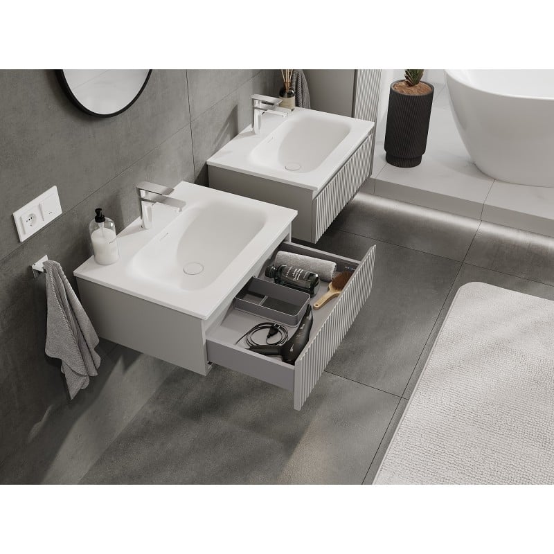 Mexen Rivel Badezimmerschrank 60 cm mit Waschbecken Vela, 1 Schublade, gerillt, grau matt/weiß matt - 91A20-06023-1-BF62-W23M01