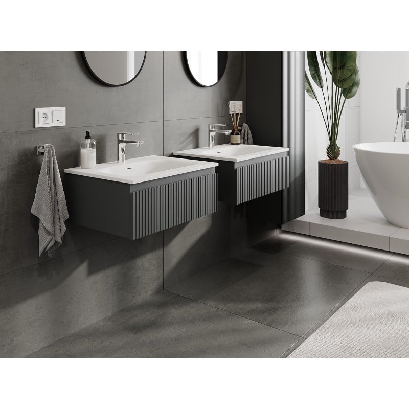 Mexen Rivel Badezimmerschrank 60 cm mit Waschbecken Vela, 1 Schublade, geriffelt, Graphit matt/Weiß matt