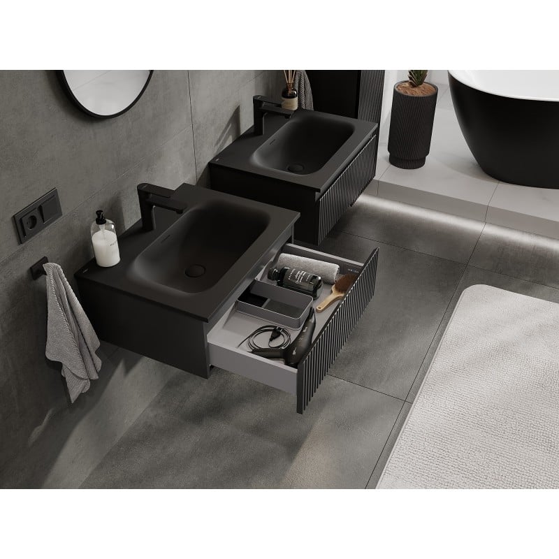 Mexen Rivel Badezimmerschrank 60 cm mit Waschbecken Vela, 1 Schublade, geriffelt, schwarz matt - 91A20-06023-1-BF71-W23M71