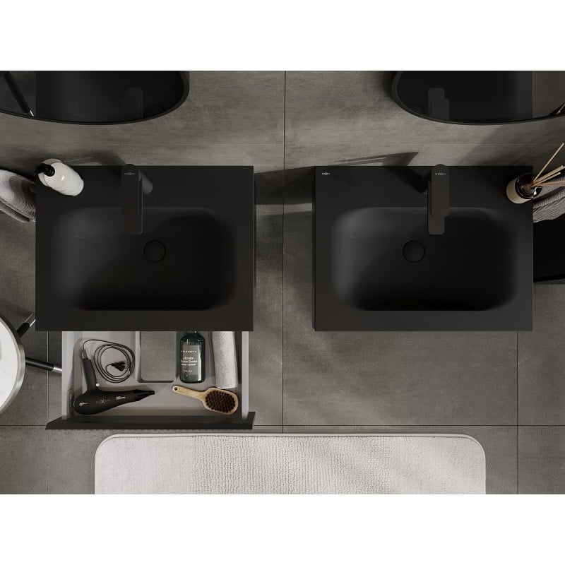 Mexen Rivel Badezimmerschrank 60 cm mit Waschbecken Vela, 1 Schublade, geriffelt, schwarz matt - 91A20-06023-1-BF71-W23M71
