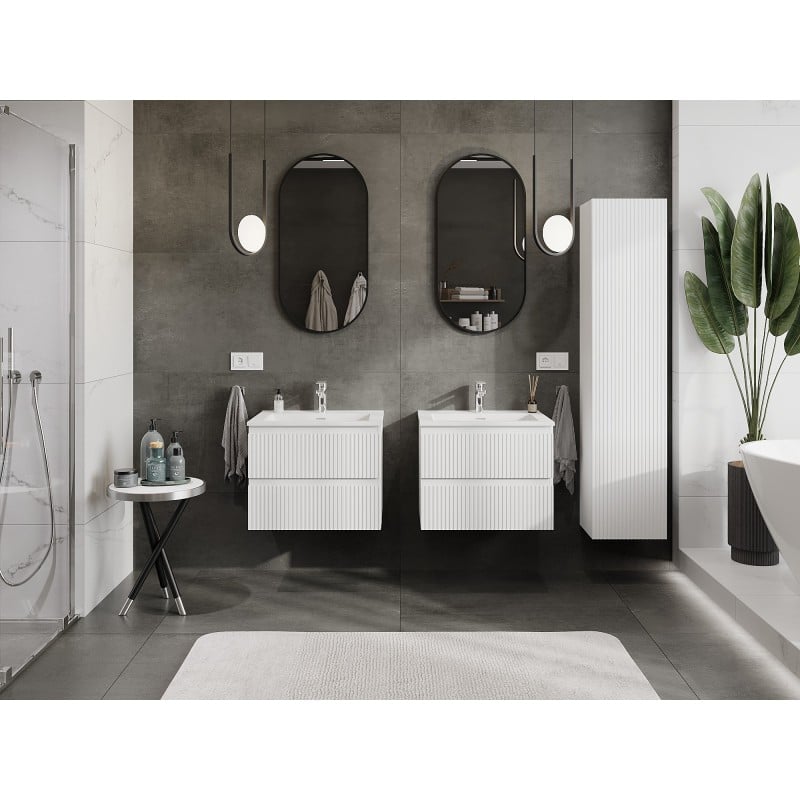 Mexen Rivel Badezimmerschrank 60 cm mit Waschbecken Otis, 2 Schubladen, gerillt, weiß matt - 91A20-06047-2-BFF01-W18M01
