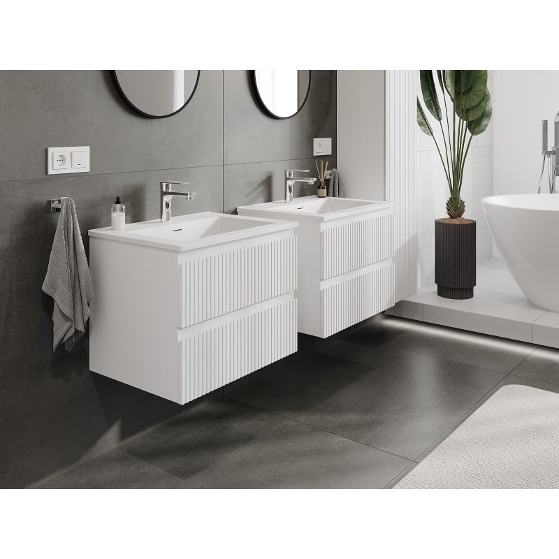 Mexen Rivel Badezimmerschrank 60 cm mit Waschbecken Otis, 2 Schubladen, gerillt, weiß matt - 91A20-06047-2-BFF01-W18M01
