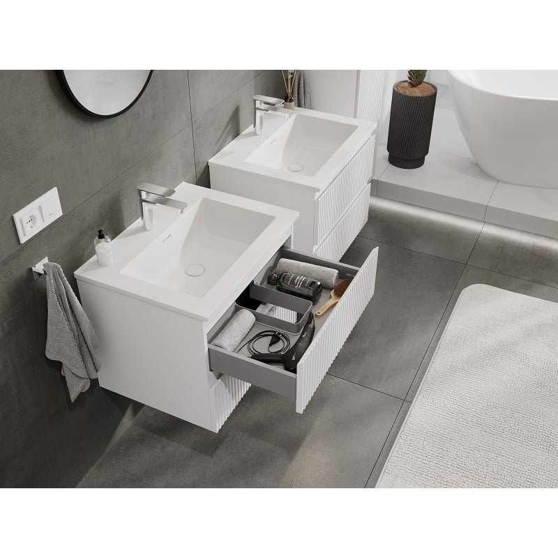 Mexen Rivel Badezimmerschrank 60 cm mit Waschbecken Otis, 2 Schubladen, gerillt, weiß matt - 91A20-06047-2-BFF01-W18M01