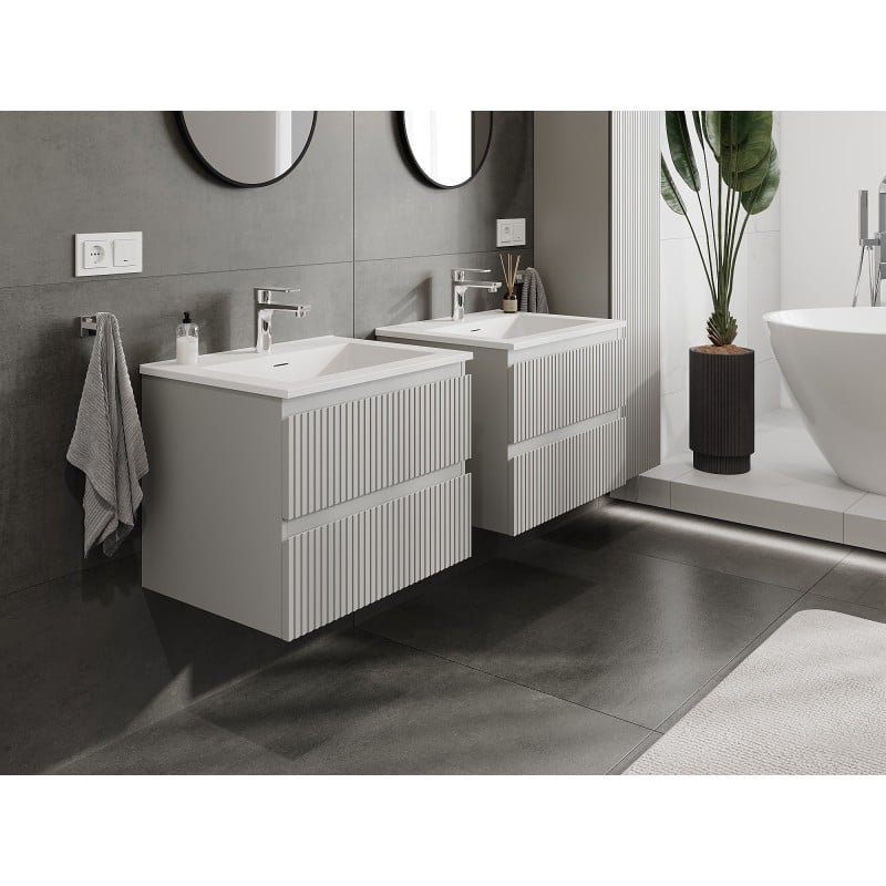 Mexen Rivel Badezimmer-Schrank 60 cm mit Waschbecken Otis, 2 Schubladen, geriffelt, grau matt/weiß matt
