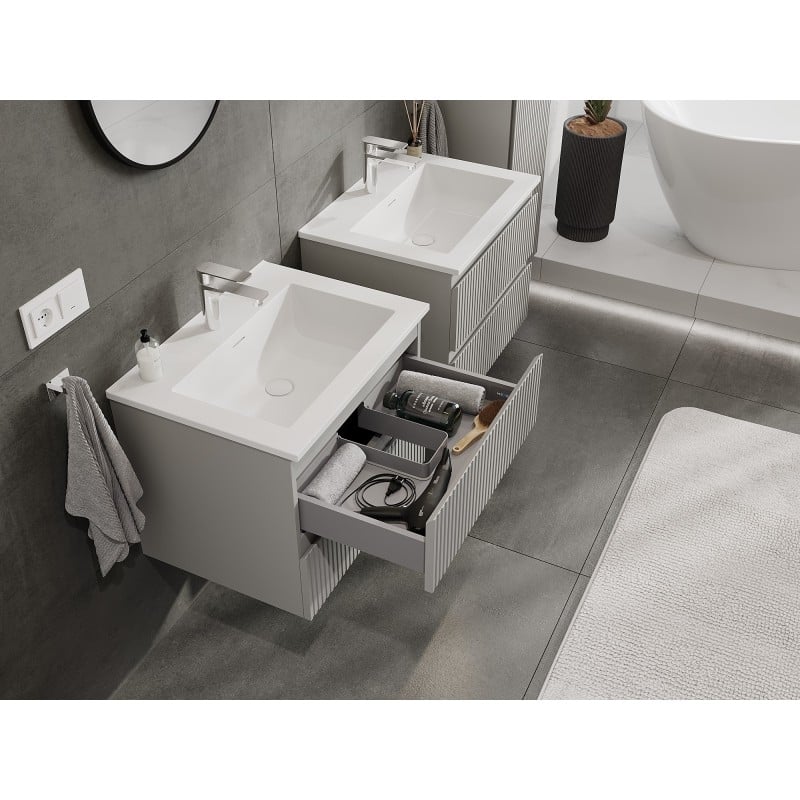 Mexen Rivel Badezimmer-Schrank 60 cm mit Waschbecken Otis, 2 Schubladen, geriffelt, grau matt/weiß matt