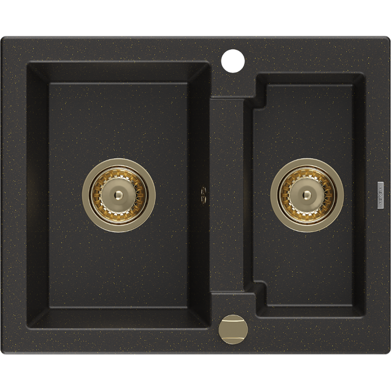 Mexen Carlos Granitspüle 1,5-Kammer 582 x 475 mm, schwarz/gold metallic, Goldener Siphon - 6518581500-75-G
