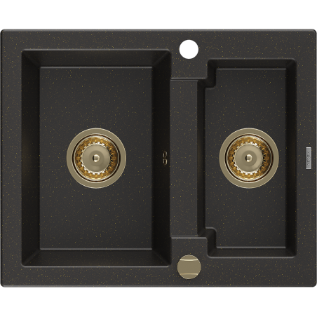 Mexen Carlos Granitspüle 1,5-Kammer 582 x 475 mm, schwarz/gold metallic, Goldener Siphon - 6518581500-75-G