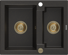 Mexen Carlos Granitspüle 1,5-Becken 582 x 475 mm, schwarz/gold metallic, goldener Siphon - 6518581500-75-G