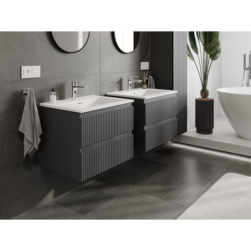 Mexen Rivel Badezimmerschrank 60 cm mit Waschbecken Otis, 2 Schubladen, geriffelt, Graphit matt/weiß matt -