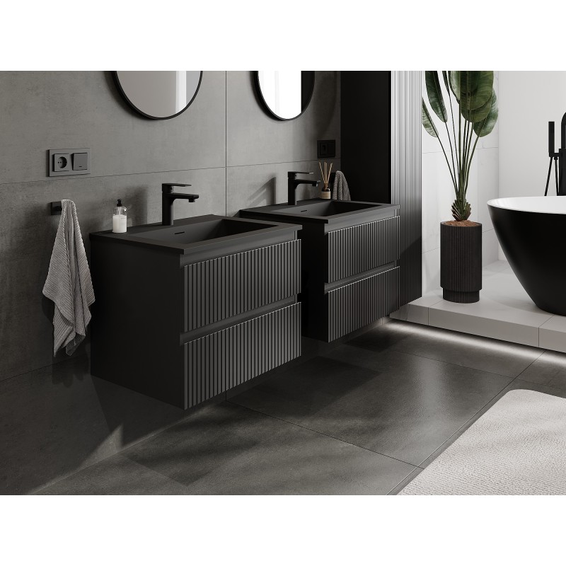 Mexen Rivel Badezimmerschrank 60 cm mit Waschbecken Otis, 2 Schubladen, gerillt, schwarz matt - 91A20-06047-2-BFF71-W18M71