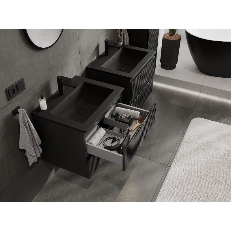 Mexen Rivel Badezimmerschrank 60 cm mit Waschbecken Otis, 2 Schubladen, gerillt, schwarz matt - 91A20-06047-2-BFF71-W18M71