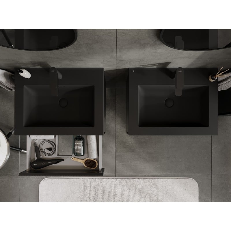 Mexen Rivel Badezimmerschrank 60 cm mit Waschbecken Otis, 2 Schubladen, gerillt, schwarz matt - 91A20-06047-2-BFF71-W18M71