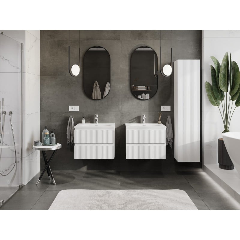 Mexen Rivel Badezimmerschrank 60 cm mit Waschbecken Vela, 2 Schubladen, geriffelt, Weiß Matt - 91A20-06047-2-BFF01-W23M01
