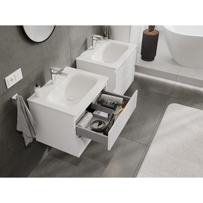 Mexen Rivel Badezimmerschrank 60 cm mit Waschbecken Vela, 2 Schubladen, geriffelt, Weiß Matt - 91A20-06047-2-BFF01-W23M01